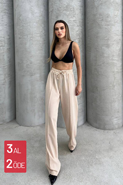 Mogi Butik Γυναικείο καλοκαιρινό λινό παντελόνι Palazzo με δεμένη μέση ελαστι...