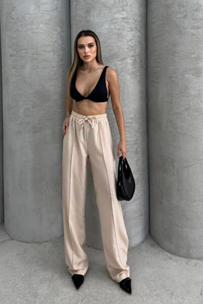 Balenbi Γυναικείο καλοκαιρινό λινό παντελόνι Palazzo με ελαστική μέση 1094