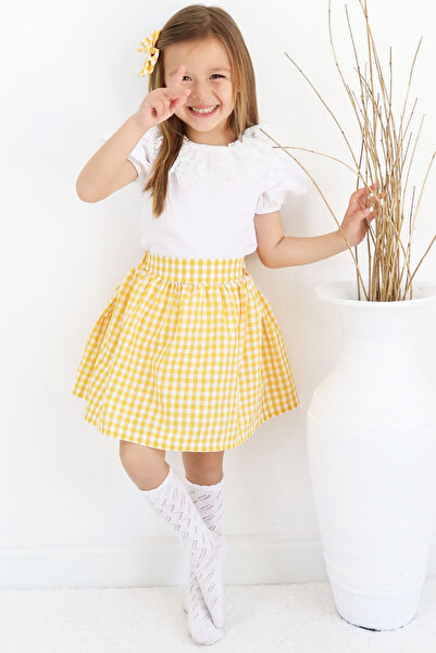 Parla Kids Girl Daisy Crew Neck Lace Detailed Ecru Short Sleeve Blouse Plaid Skirt Buckle 3-Piece Set