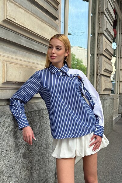 VAGGON Γυναικείο μακρυμάνικο πουκάμισο με ριγέ αντίθεση με ασύμμετρο κουμπί με λεπτομέρεια Vs00918