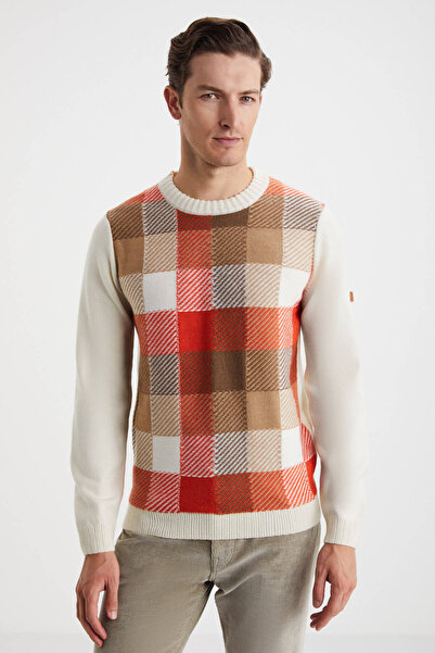 Hemington Kaşmir Merino Yün Karışımlı Kare Desenli Ekru Turuncu Kazak