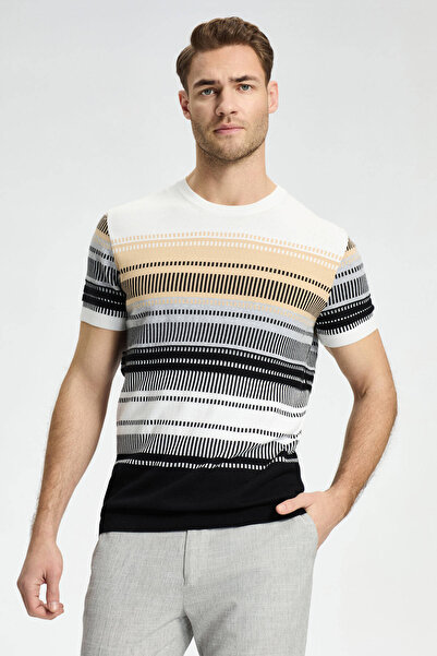 Hemington Black-Light Gray Patterned Crew Neck Pure Cotton Knitwear T-Shirt