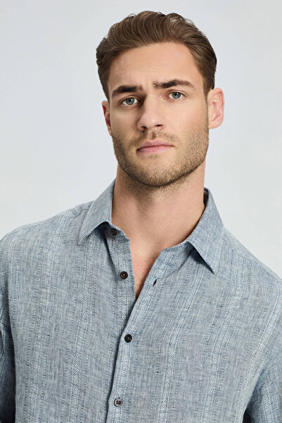 Hemington Ethnic Pattern Pure Linen Dark Blue Shirt