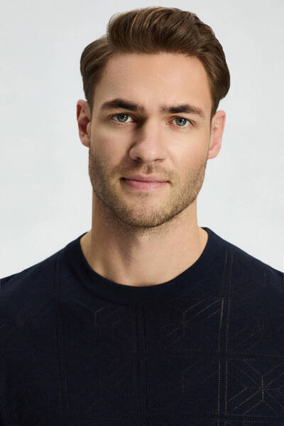 Hemington Openwork Knit Detailed Crew Neck Navy Blue T-Shirt