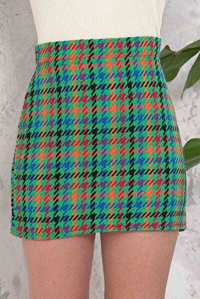 VAGGON Women's Green Zipper Closure Houndstooth Patterned Mini Skirt Vs00897