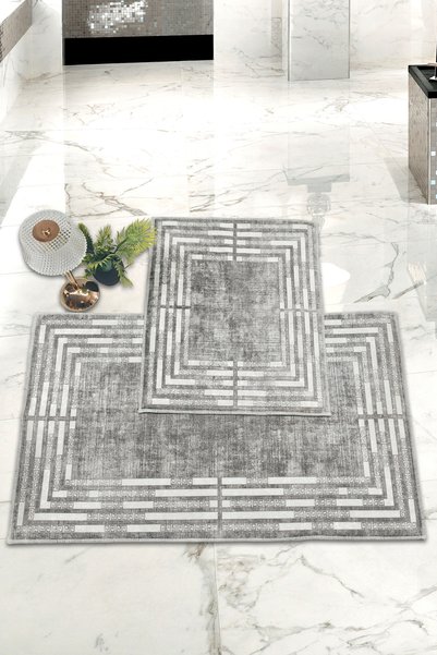 Thalia Home Non-Slip Base Washable 2 Piece 60x100 - 50x60 Bathroom Carpet Mat Toilet Seat Set
