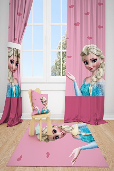 dekomingo Fuşya Pembe Zeminli Anna Çocuk Odası 2 Kanat Fon Perde