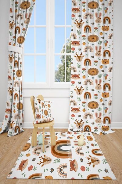 dekomingo Завеса за детска и бебешка стая с 2 крила и фон с дъга и животни