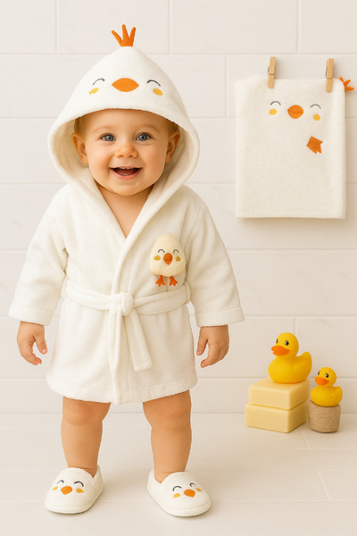 mini mia Civciv Desenli Kapüşonlu Kutulu Bornoz Seti (0-2 Yaş)