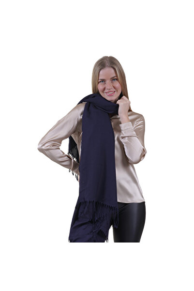 Exve Exclusive Navy Blue Plain Tasseled Soft Viscose Women's Shawl Fringed Scarf 175 X 115 cm
