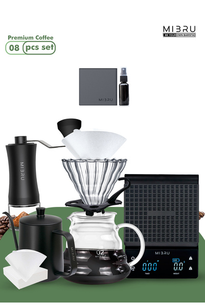 MIBRU V60 Coffee Pour Over 08-Piece Set – Dripper, Filter, Kettle, Grinder, Scale, Server