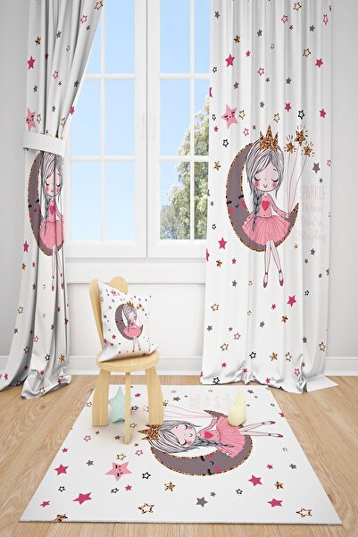 dekomingo Beyaz Ay Prenses Çok Yıldızlı Çocuk Odası 2 Kanat Fon Perde