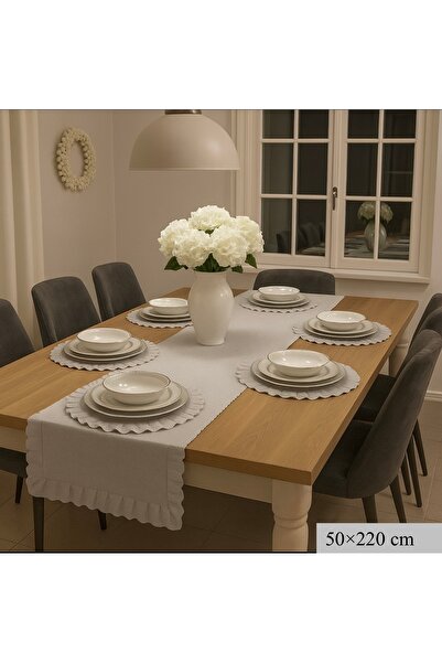 Gül Simli Şık Masa Runner Takımı 6 Kişilik Yuvarlak Amerikan Servisli Sofra D...