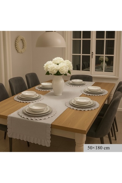 Gül Simli Şık Masa Runner Takımı 6 Kişilik Yuvarlak Amerikan Servisli Sofra D...