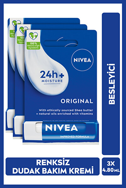 NIVEA Original Care Renksiz Dudak Bakım Kremi 4.8gr, 24 Saat Nemlendirici,Shea Yağı,3x Adet