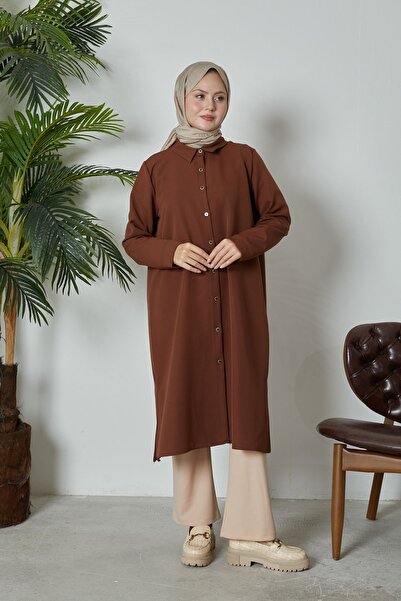 Genel Markalar Kadın Dabıl Kumaş Gömlek Yaka Boydan Düğmeli Kolu Manşetli Uzun Tesettür Tunik