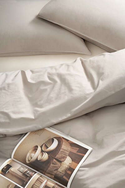 Hibboux Бежевий двоспальний комплект постільної білизни - 100% натуральна бавовна, ефект прання Haze