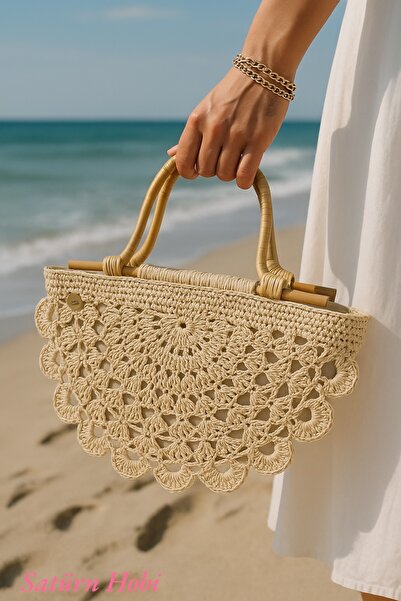 Satürn Hobi Knitted Bamboo Handle Clam & Fan Model Lined Raffia Bag