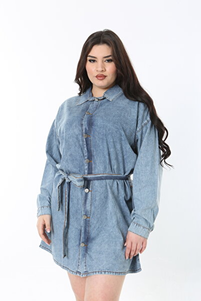 Şans Kadın Büyük Beden Mavi Yıkamalı İnce Kot Kumaş Kuşaklı Kot Tunik Elbise ...