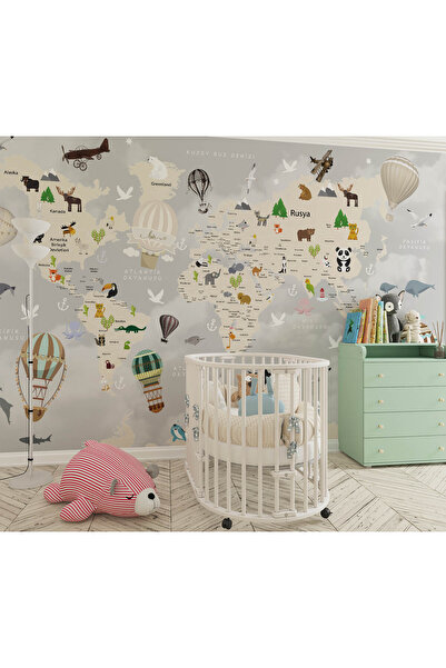 Özel Duvarlar Dünya Haritası ve Canlılar (Türkçe Yazılar) Eğitici Duvar Kağıdı