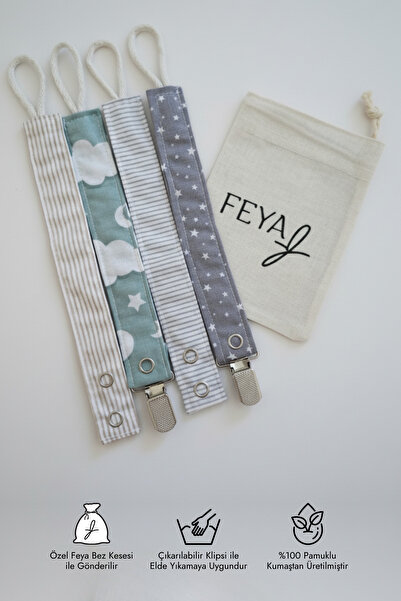 Feya Vika 4'lü Çizgili, Yıldız & Gökyüzü Desenli Pamuklu Yıkanabilir Emzik As...