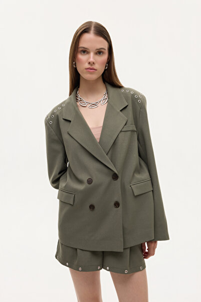 Quzu Μπουφάν με διπλό κουμπί Oversize Blazer Χακί με λεπτομέρεια Bird's Eye
