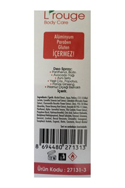 L'ROUGE L’rouge Deo Spray / For Woman Ter Kokusunu Önlemeye Yardımcı