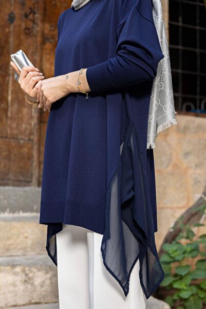 Hazamoda Hüda Şifon Detaylı Merserize Tunik Lacivert