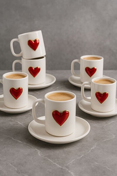 YzHome 6 Kişilik Beyaz Porselen Kalpli Kahve Fincan Takımı Sunum Fincanı