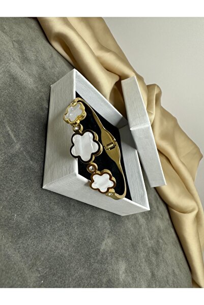 Mersens Çelik Gold Monogram Yonca Kelepçe Bileklik