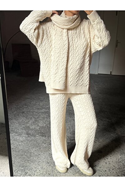 Gallogi طقم بنطلون تريكو مضفر بشريط للشعر مكون من 3 قطع