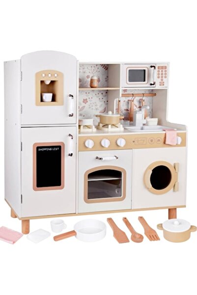 Smart Vibe Set Bucătărie Lemn KinderVibe™ Vintage Floral, Cuptor, Chiuvetă, Arzătoare, Mașină Spălat, Creamy