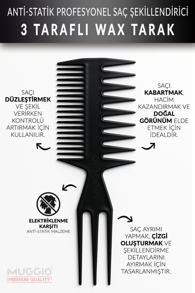 Muggio 3 Taraflı Profesyonel Saç Şekillendirici Wax Tarak