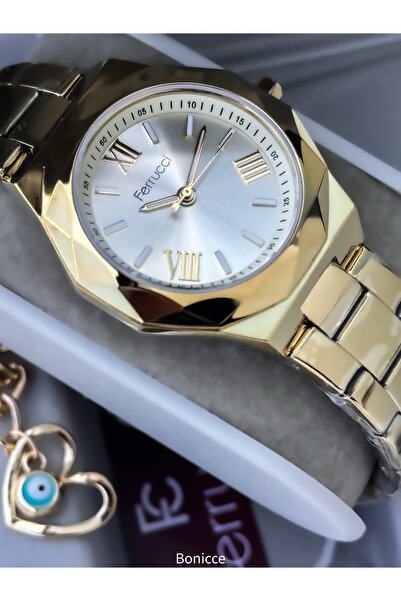 Ferrucci ساعة يد نسائية بحزام فولاذي ملون باللون الأصفر + أساور على شكل قلب