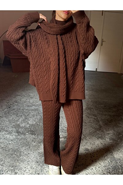 Gallogi Set de 3 piese: Pantaloni din tricotaj împletit cu eșarfă