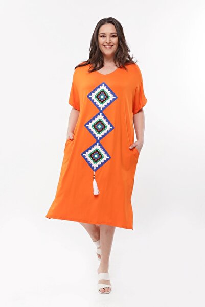 Ebsumu Γυναικείο Πλεκτό Πορτοκαλί Φόρεμα Plus Size