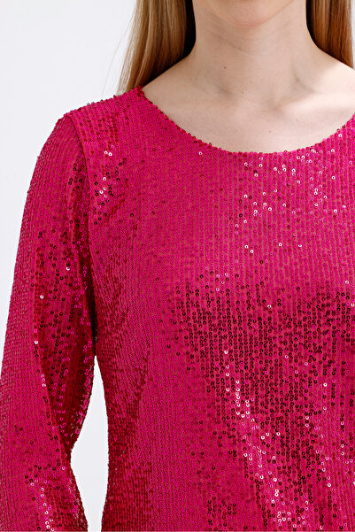 Sense Fuchsia Sequined Lined Evening Dress Blouse - Blz35497