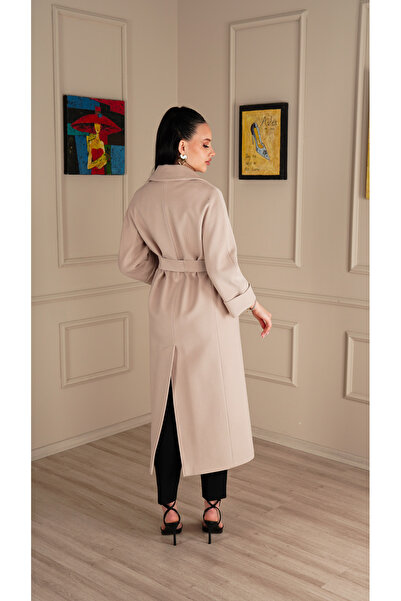 KENT Long Slim Fit Cashmere Stone Color Coat with Belt and Double Collar Detail