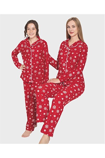 ALİŞ KİDS Anne-Kız Çocuk Pamuklu Kumaş Süet Kırmızı Kar Desenli Gömlek Yaka Düğmeli Pijama Takımı
