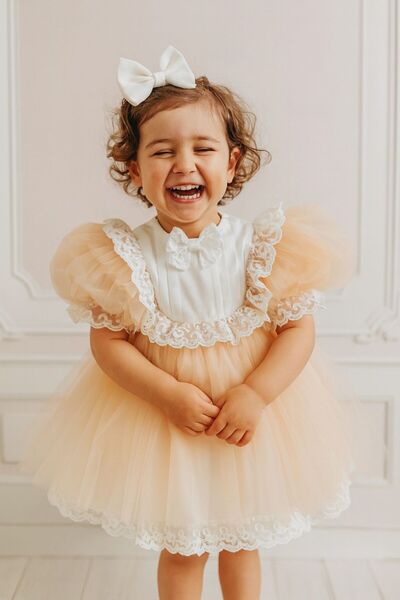 Hobidik Kız Bebek Çocuk Beyaz Dantel Süslemeli Somon Tül Kabarık Doğum Günü E...