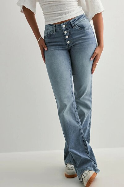 VibeGaia Blugi de damă cu talie înaltă cu nasturi detaliați Bootcut - Albastru deschis