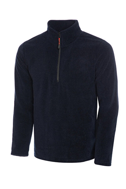 COMBİNE MİCHAİL Men's Basic Half Zipper Stand Collar Fleece Navy Blue