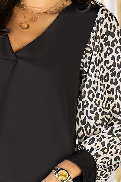 Ginza Leopard Print Chiffon Sleeve Black V-Neck Blouse