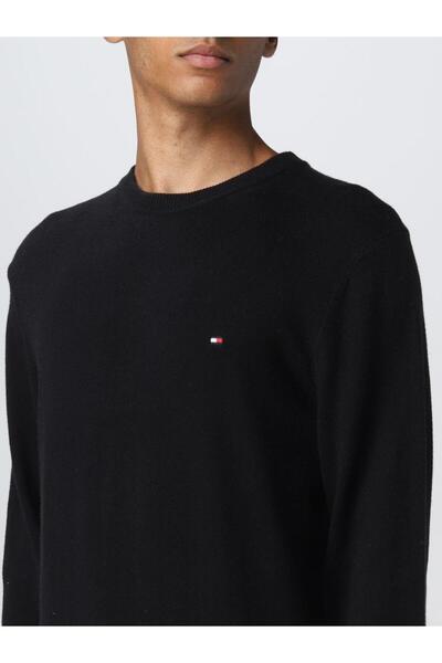 Tommy Hilfiger Erkek Marka Logolu Pamuklu Günlük Kullanıma Uygun Siyah Kazak MW0MW28046 BDS