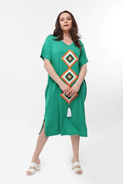 Ebsumu Γυναικείο πράσινο φόρεμα μεγάλου μεγέθους με πλεκτή λεπτομέρεια