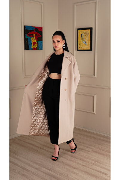 KENT Long Slim Fit Cashmere Stone Color Coat with Belt and Double Collar Detail