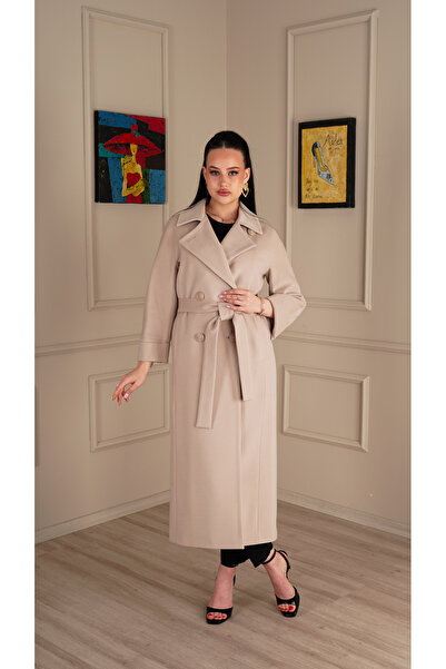 KENT Long Slim Fit Cashmere Stone Color Coat with Belt and Double Collar Detail