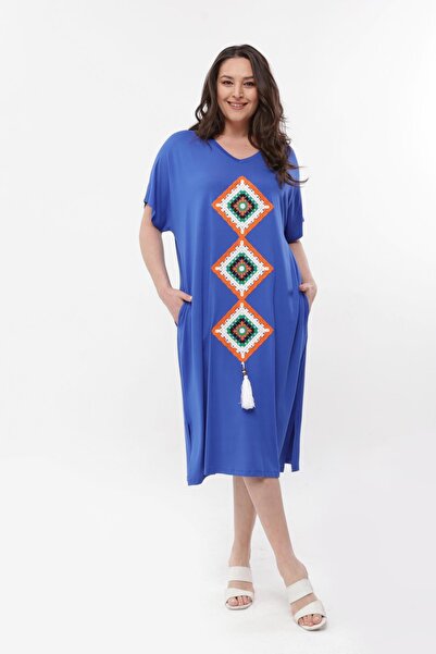 Ebsumu Γυναικείο Πλεκτό Λεπτομερές Μπλε Φόρεμα Plus Size