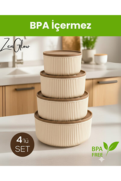 ZenGlow Set of 4 Round Storage Containers Striped Beige |   2.5L 1.5L 0.80L 0.45L |   Microwave and Freezer Compatible