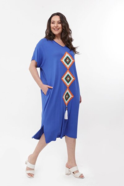 Ebsumu Γυναικείο Πλεκτό Λεπτομερές Μπλε Φόρεμα Plus Size